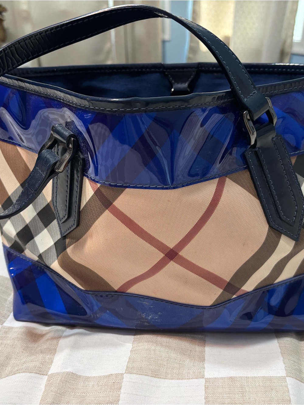 Burberry Beige Check Tote with Navy Patent Trim